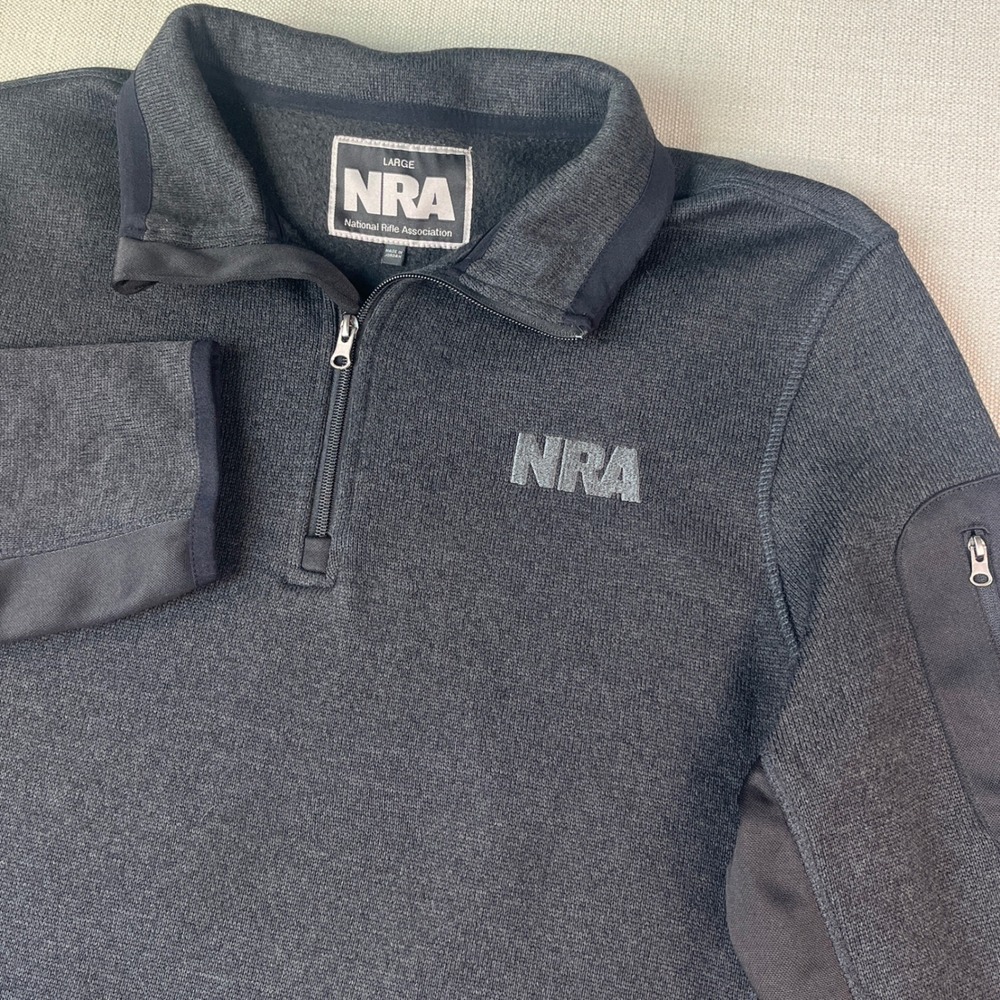 NRA Quarter Zip Pullover Mens Large‎ Charcoal Gray Fleece Sleeve Pocket Jacket